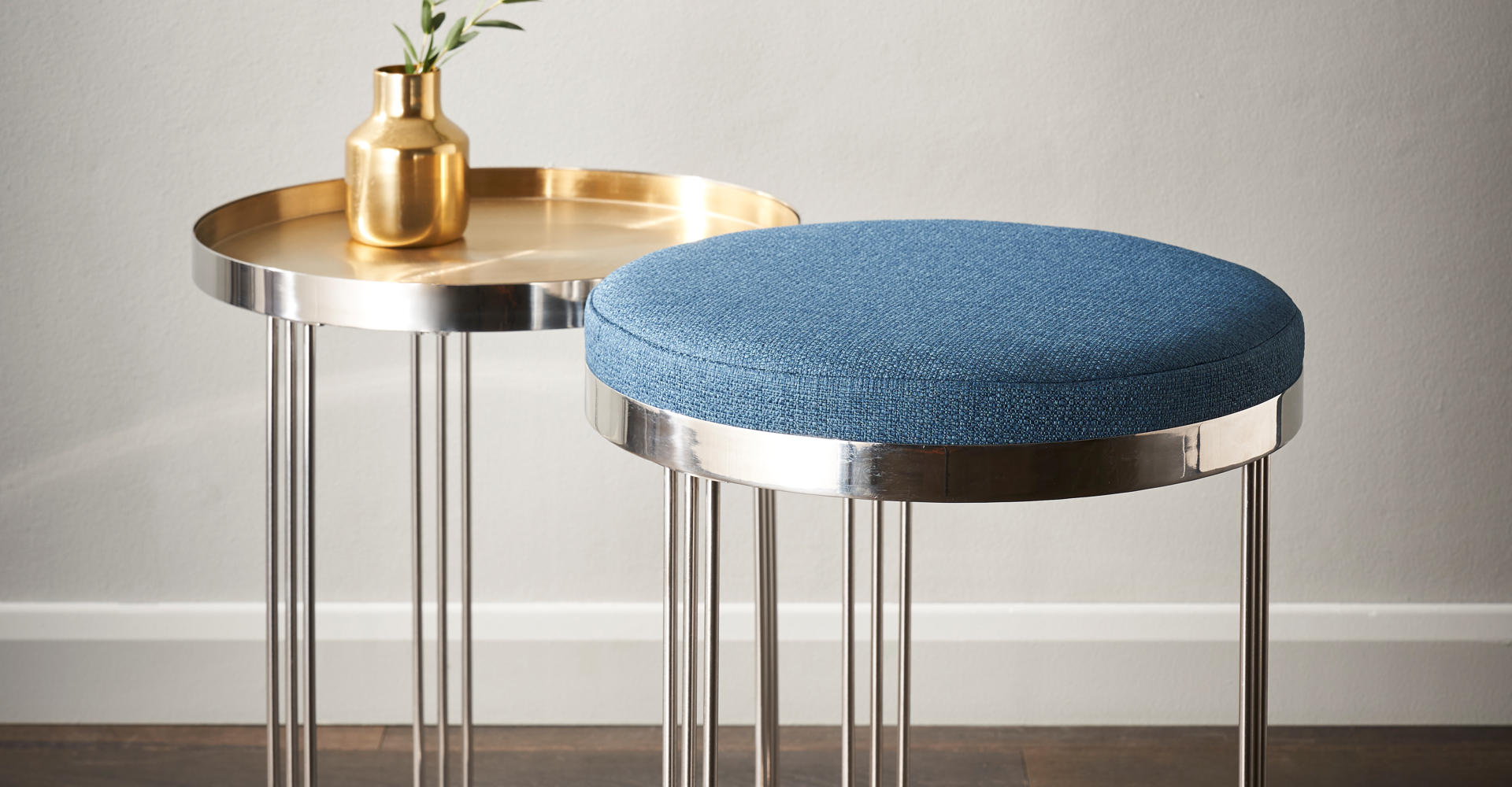 Finn Polished Chrome Side Tables With Brass Tray & Blue Upholstered Tops © GillmoreSPACE Ltd
