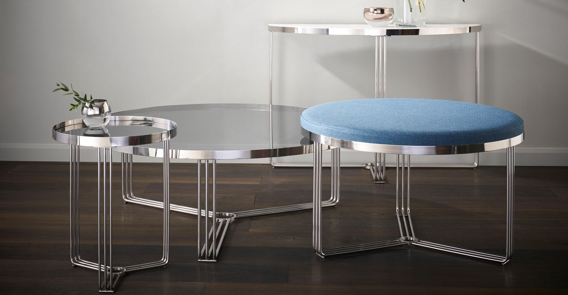 Finn Tables With Polished Chrome Bases by Gillmore © GillmoreSPACE Ltd