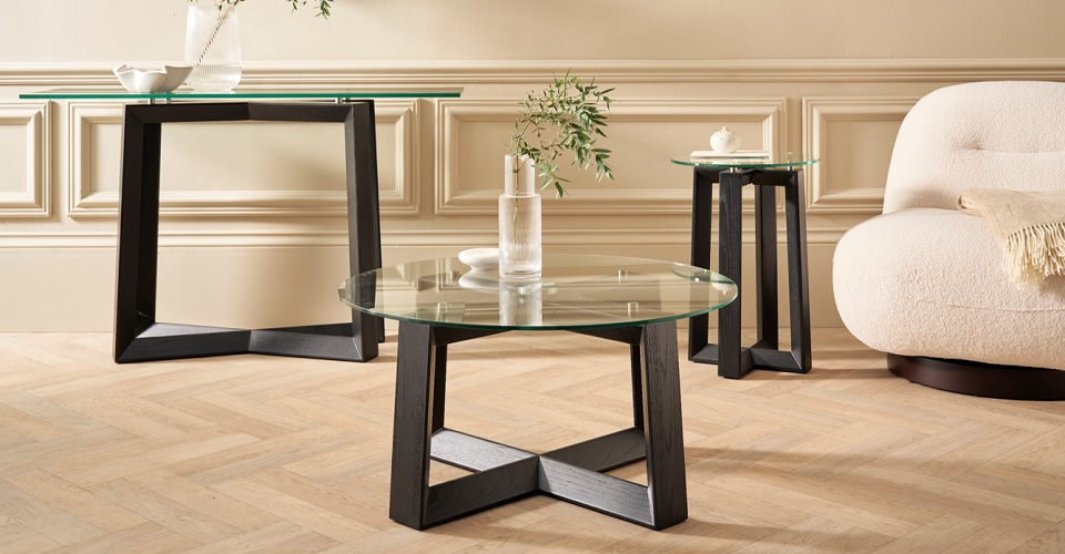 Cadiz Glass Top Table Range Natural Dark Oak by Gillmore British Design © GillmoreSPACE Ltd