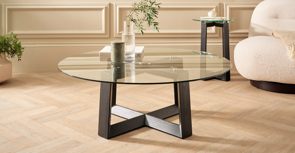 Cadiz Clear Glass Top Coffee Table Natural Black Oak by Gillmore British Design © GillmoreSPACE Ltd